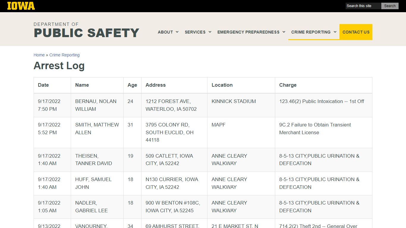 Arrest Log | Department of Public Safety | The University of Iowa